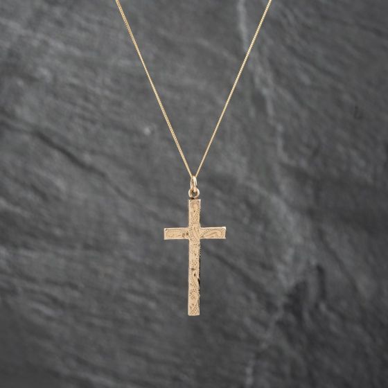 Second Hand 9ct Yellow Gold Engraved Cross Pendant & 18 Inch Curb Chain 43141271