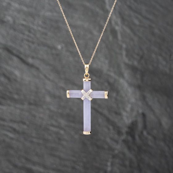 Second Hand 9ct Yellow Gold Lavender Jade & Diamond Set Cross Pendant & 16-18 Inch Trace Chain 43141276