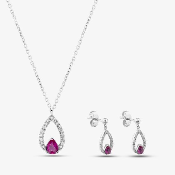 Second Hand 18ct White Gold 0.41ct Ruby & 0.11ct Brilliant Cut Diamond Teardrop 16-18 Inch Trace Jewellery Set 43141277