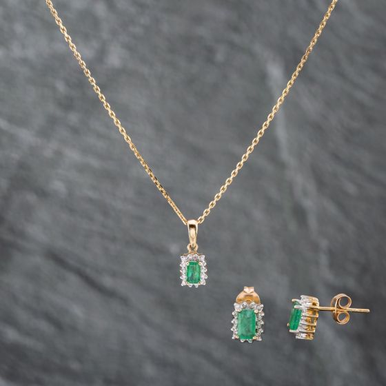 Second Hand 9ct Yellow Gold 0.25ct Emerald & 0.07ct Brilliant Cut Diamond Oblong 18 Inch Trace Jewellery Set 43141278