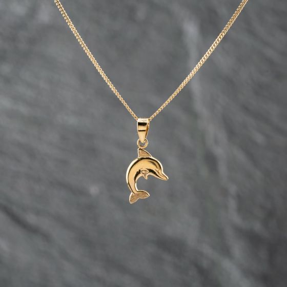 Second Hand 9ct Yellow Gold Dolphin Pendant & 18 Inch Curb Chain 43141288