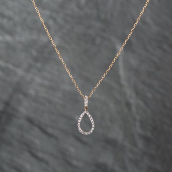 Second Hand 9ct Yellow Gold Cubic Zirconia Open Tear Drop Set Pendant & 16 Inch Belcher Chain 43141290