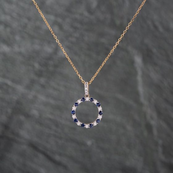 Second Hand 9ct Yellow Gold Sapphire & Cubic Zirconia Open Circle Pendant & 16-18 Inch Trace Chain 43141292