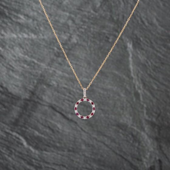 Second Hand 9ct Yellow Gold Ruby & Cubic Zirconia Open Circle Pendant & 18 Inch Trace Chain 43141293
