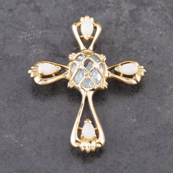 Second Hand 14ct Yellow Gold Blue Topaz & Opal Fancy Cross Loose Pendant 43141298