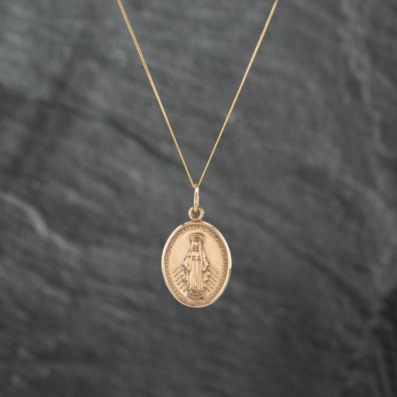 Second Hand 9ct Yellow Gold Oval Virgin Mary Miraculous Medal Pendant & 18 Inch Curb Chain 43141310