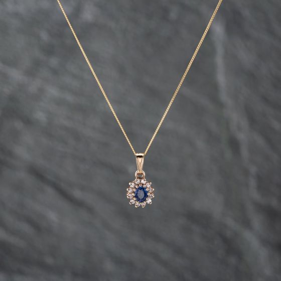Second Hand 9ct Yellow Gold Sapphire & Diamond Oval Cluster Pendant & 18 Inch Curb Chain 43141314