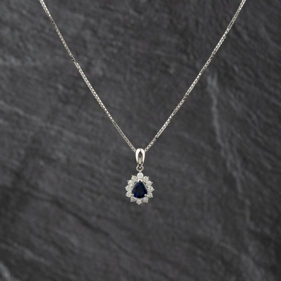 Second Hand Platinum 0.96ct Sapphire & 0.43ct Brilliant Cut Diamond Pear Shaped Cluster Pendant & 16 Inch Box Chain 43141343