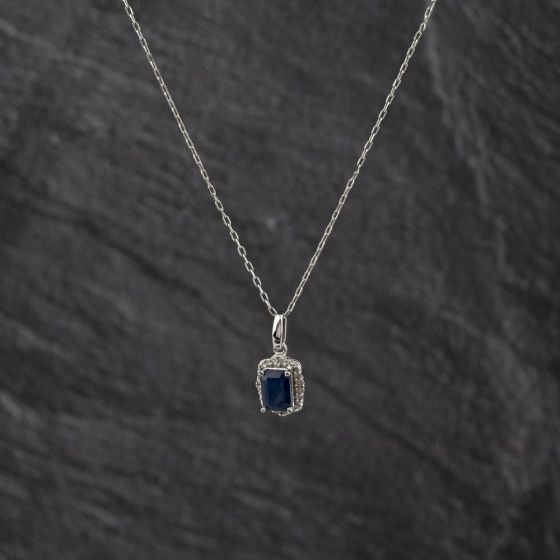 Second Hand 9ct White Gold 1.50ct Sapphire & 0.10ct Diamond Pendant & 16-18 Inch Trace Chain 43141344