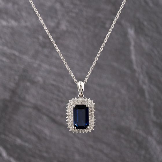 Second Hand Platinum 4.73ct Sapphire & 1.05ct Brilliant Cut Diamond Emerald Cut Pendant & 16 Inch Prince Of Wales Chain 43141345