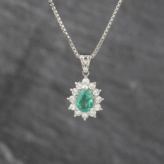 Second Hand Platinum 1.23ct Emerald & 0.64ct Brilliant Cut Diamond Teardrop Cluster Gemstone Pendant & 15 Inch Box Chain 43141348