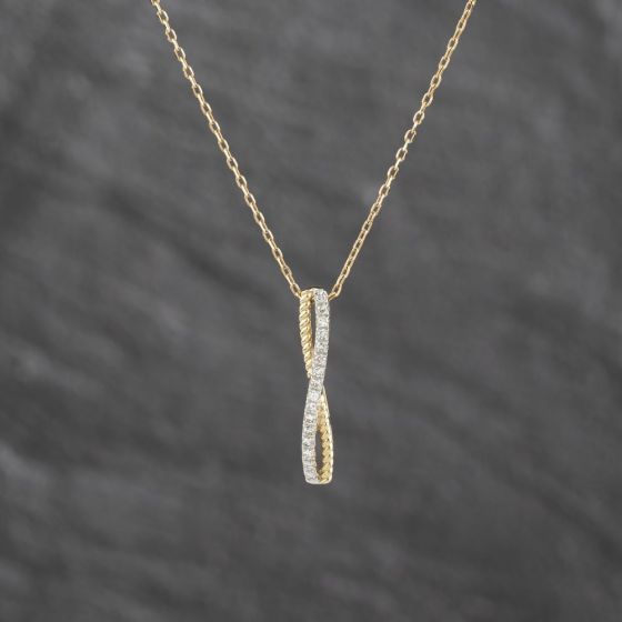 Second Hand 9ct Yellow Gold 0.10ct Brilliant Cut Diamond Crossover Twist Bar Gemstone Pendant & 16-18 Inch Trace Chain 43141358