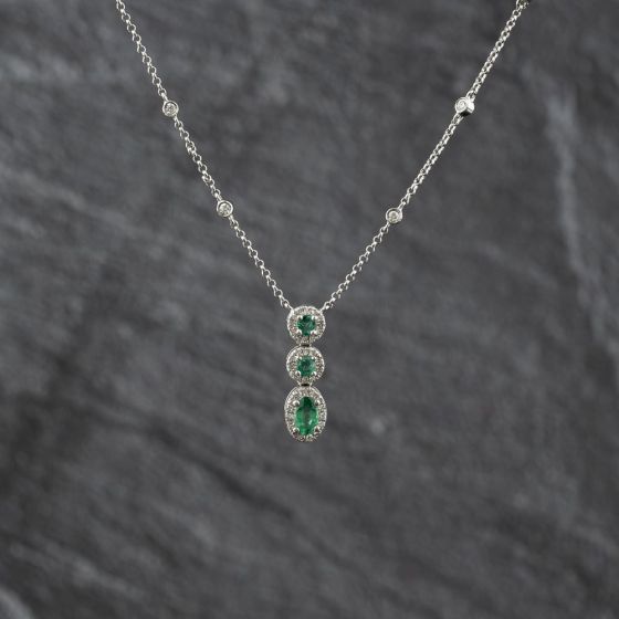 Second Hand 9ct White Gold Emerald & Brilliant Cut Diamond Graduated Triple Cluster Gemstone Pendant & 16 Inch Trace Chain 43141360