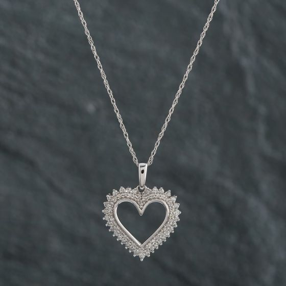 Second Hand 9ct White Gold 0.26ct Diamond Heart Pendant & 18 Inch Prince Of Wales Chain 4314160