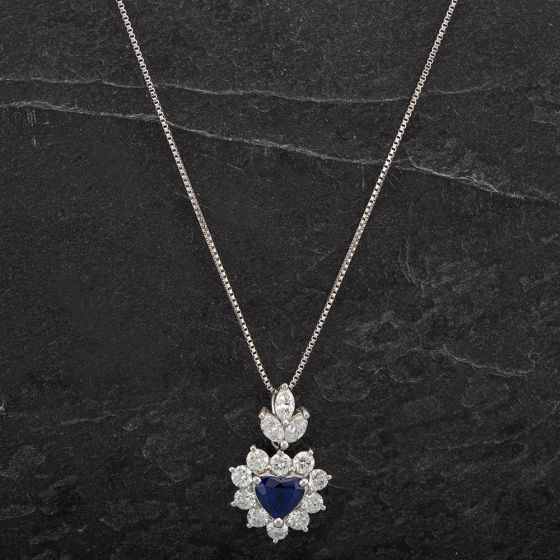 Second Hand Platinum 1.06ct Heart Shaped Sapphire & 1.00ct Diamond Pendant & 18 Inch Box Chain 4314474