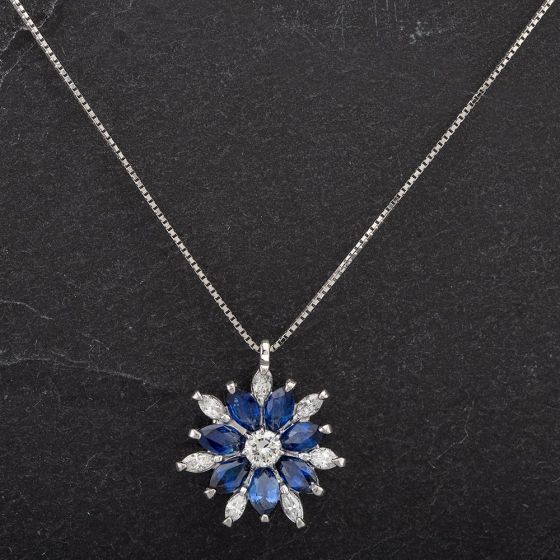 Second Hand Platinum 2.10ct Sapphire and 0.59ct Diamond Flower Cluster Pendant 4314476