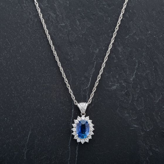 Second Hand Platinum 2.60ct Sapphire & 0.54ct Diamond Cluster Pendant & 16 Inch Trace Chain 4314519