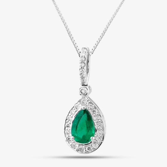 Second Hand 14ct White Gold 1.18ct Pear Cut Emerald & 0.41ct Brilliant Cut Diamonds Tear Drop Pendant 4314541