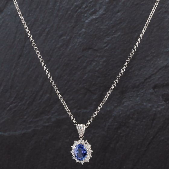 Second Hand Platinum Oval Sapphire and Brilliant Cut Diamond Pendant 4314602