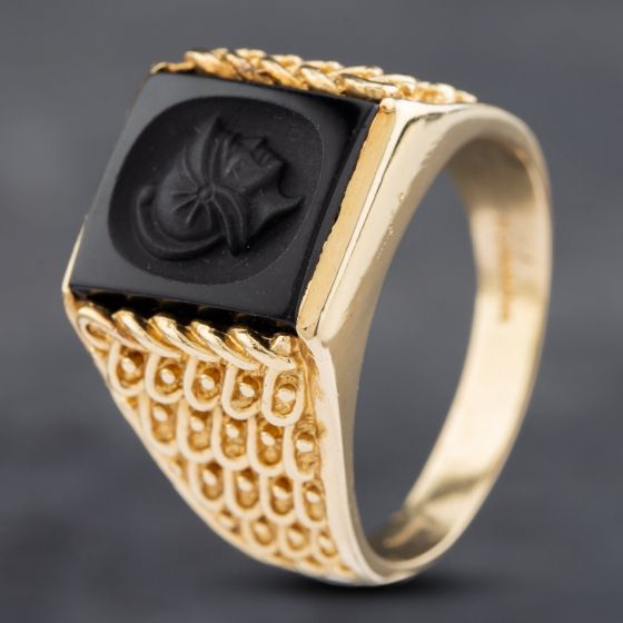 Second Hand 9ct Yellow Gold Onyx Oblong Roman Head Engraved Signet Ring 43151019