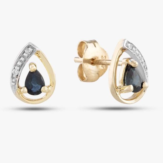 Second Hand 9ct Yellow Gold 0.12ct Sapphire & 0.05ct Brilliant Cut Diamond Pear Shaped Stud Earrings 43170028