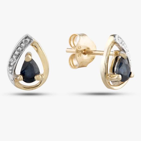 Second Hand 9ct Yellow Gold 0.12ct Sapphire & 0.05ct Brilliant Cut Diamond Pear Shaped Stud Earrings 43170029