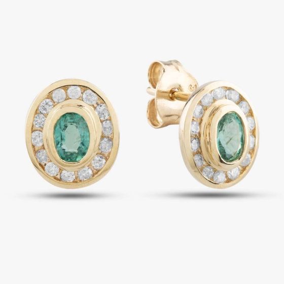 Second Hand 9ct Yellow Gold 0.12ct Emerald & 0.09ct Brilliant Cut Diamond Oval Stud Earrings 43170046