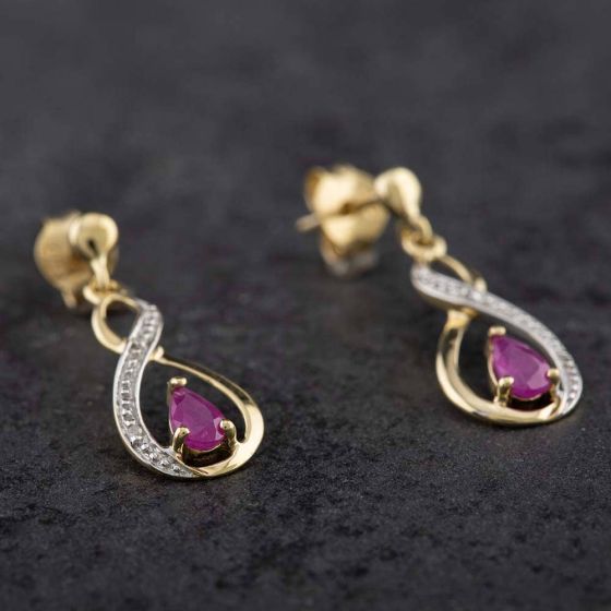Second Hand 9ct Yellow Gold 0.18ct Ruby & 0.05ct Brilliant Cut Diamond Infinity Shaped Dropper Earrings 43170065