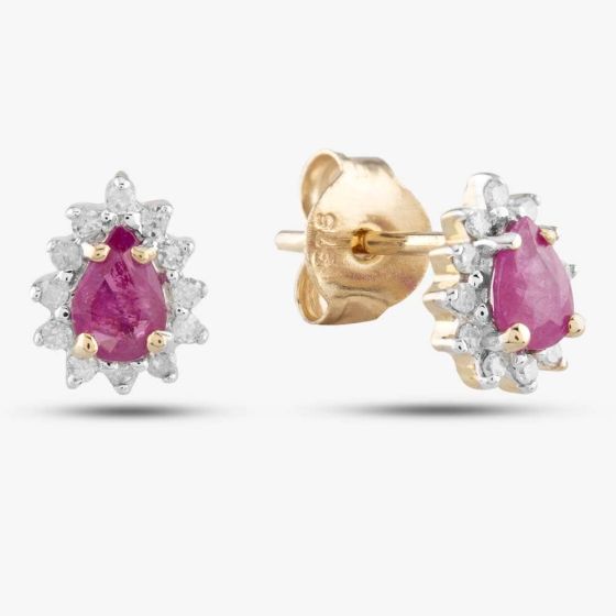 Second Hand 9ct Yellow Gold 0.18ct Ruby & 0.04ct Brilliant Cut Diamond Pear Cluster Stud Earrings 43170070