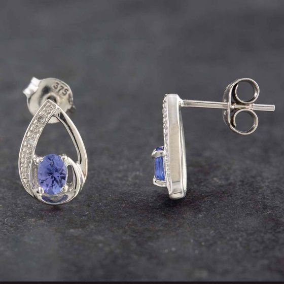 Second Hand 9ct White Gold 0.16ct Tanzanite & Diamond Pear Shaped Stud Earrings 43170087