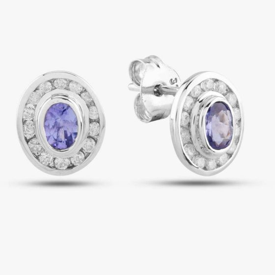Second Hand 9ct White Gold 0.14ct Tanzanite & 0.50ct Diamond Oval Stud Earrings 43170088
