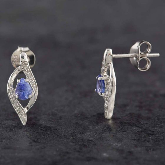 Second Hand 9ct White Gold 0.14ct Tanzanite & Diamond Swirl Stud Earrings 43170094