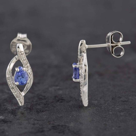 Second Hand 9ct White Gold 0.14ct Tanzanite & Diamond Swirl Stud Earrings 43170095