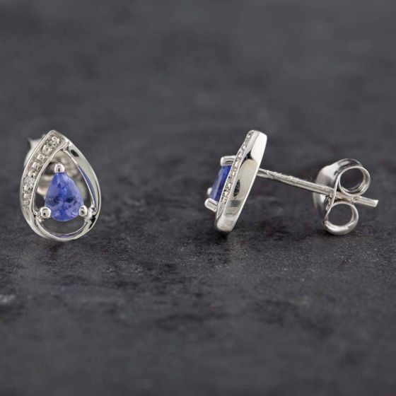 Second Hand 9ct White Gold 0.12ct Tanzanite & Diamond Pear Shaped Stud Earrings 43170097