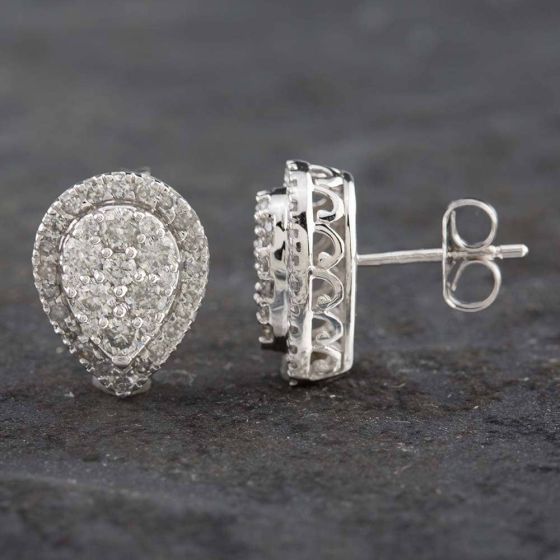 Second Hand 9ct White Gold 1.00ct Brilliant Cut Diamond Pear Shaped Cluster Stud Earrings 43170103