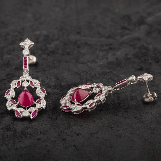Second Hand 14ct White Gold Cabochon Cut Ruby & Brilliant Cut Diamond Openwork Fancy Dropper Earrings 4317058
