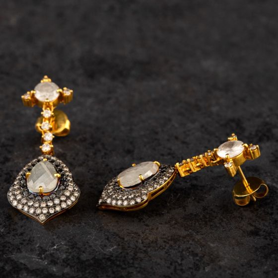 Second Hand 14ct Two Colour Gold 2.70ct Diamond Pear Shape Ice And Black Dropper Earrings 4317072