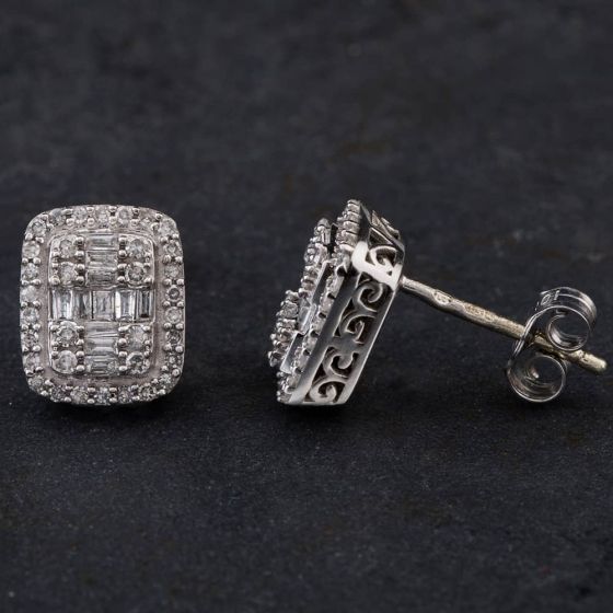 Second Hand 9ct White Gold 0.50ct Diamond Oblong Baguette And Brillant Stud Earrings 4317096
