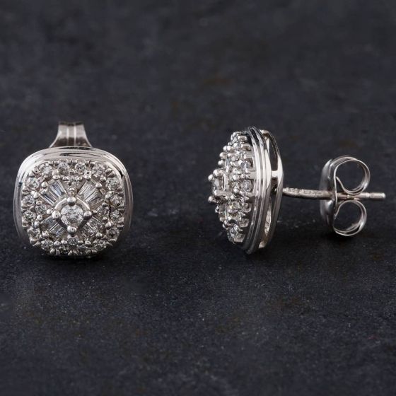 Second Hand 9ct White Gold 0.33ct Diamond Baguette And Brilliant Pave Set Stud Earrings 4317097