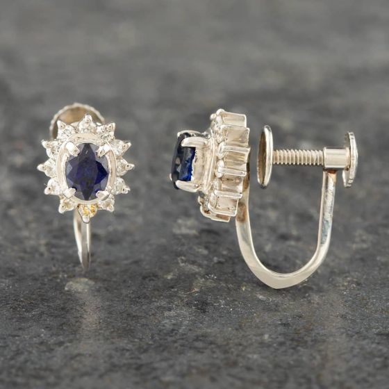 Second Hand Platinum 0.60ct Sapphire & 0.24ct Brilliant Cut Diamond Oval Screw Fitting Stud Earrings 43171001