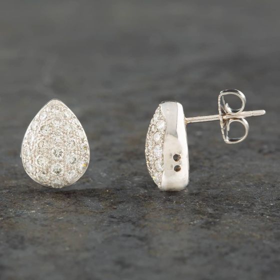 Second Hand 18ct White Gold 1.00ct Brilliant Cut Diamond Pear Shaped Pave Stud Earrings 43171002
