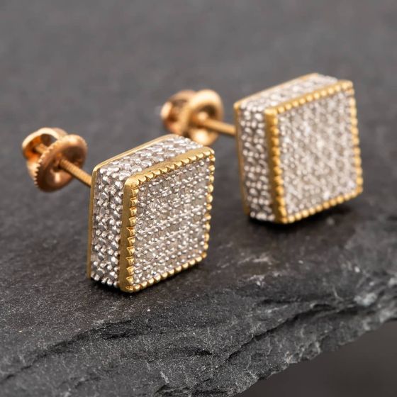 Second Hand 9ct Two Colour Gold Single Cut Diamond Pave Square Stud Earrings 43171028