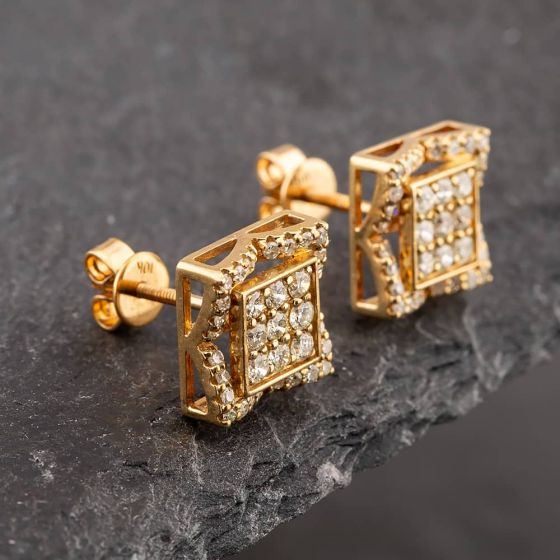 Second Hand 9ct Yellow Gold Brilliant Cut Diamond Square Cluster Stud Earrings 43171036