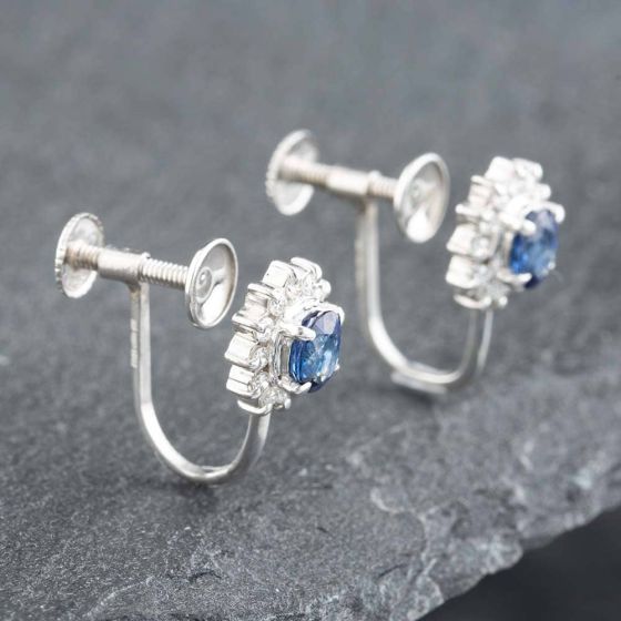 Second Hand Platinum Oval Cut Sapphire & Brilliant Cut Diamond Stud Earrings 43171037