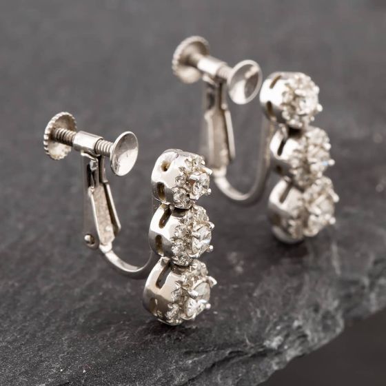 Second Hand 14ct White Gold Brilliant Cut Diamond Graduated Triple Cluster Dropper Earrings 43171039