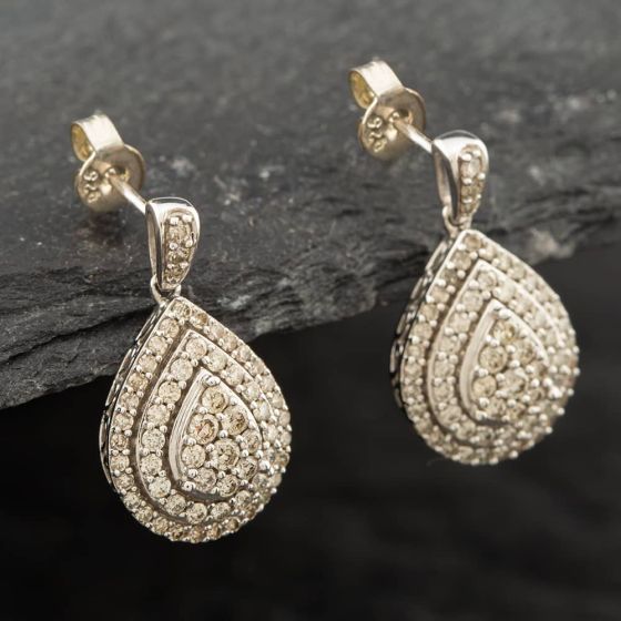 Second Hand 9ct White Gold 1.00ct Brilliant Cut Diamond Pear Shaped Dropper Earrings 43171042