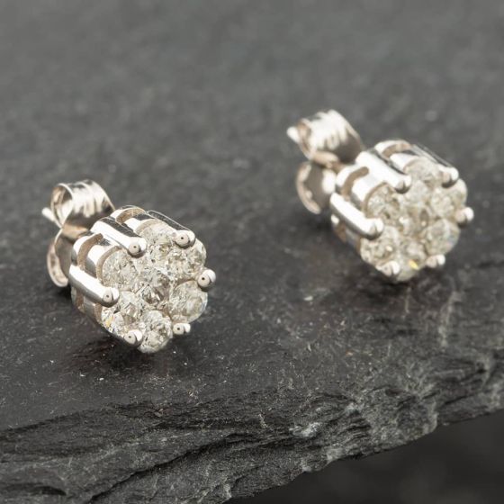 Second Hand 14ct White Gold 1.00ct Brilliant Cut Diamond Flower Cluster Stud Earrings 43171046