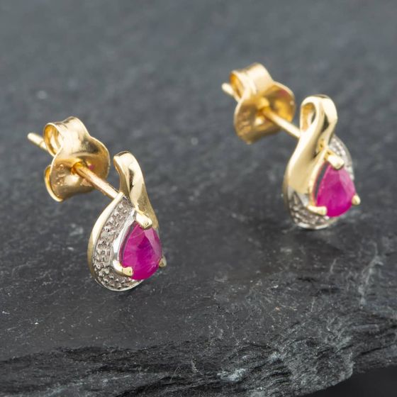 Second Hand Yellow Gold 0.34ct Pear Shaped Ruby & Diamond Stud Earrings 43171059