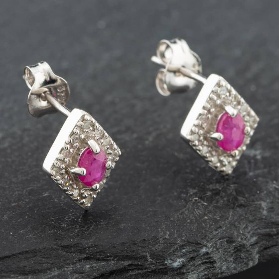 Second Hand White Gold 0.50ct Ruby & 0.08ct Diamond Marquise Shaped Stud Earrings 43171077
