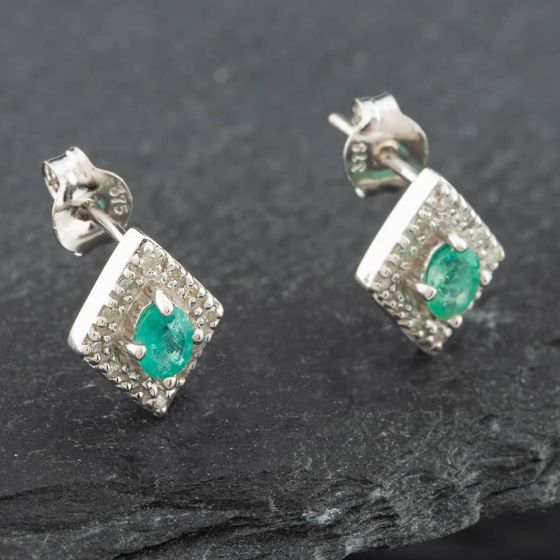 Second Hand White Gold 0.50ct Emerald & 0.08ct Diamond Marquise Shaped Stud Earrings 43171078